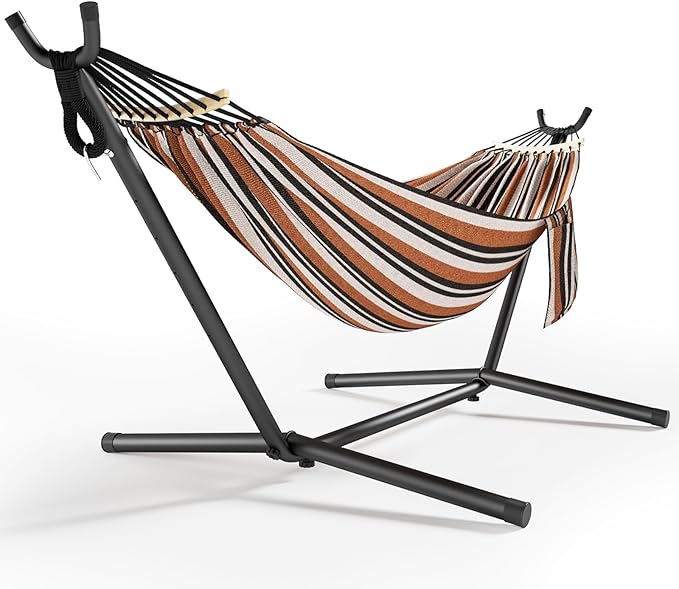 600lbs Hammock with Stand for Outside 2 Person Portable Hammock with Side Storage Carrying Bag Expend Wooden Bar for Outdoor or Indoor (Brown Black)