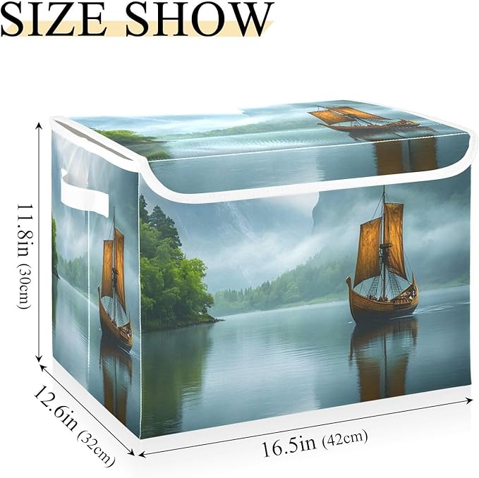 AIXIWAWA Lidded Storage Cube (Retro Boat) Fabric Foldable Closet Bins with Flip Lid and Handles Organizer Basket Container 16.5 x 12.6 x 11.8 IN