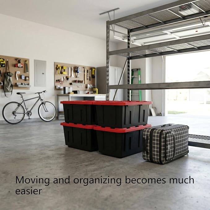 4Pcs 27-gallon Plastic Storage Box Sturdy and Durable with A Lockable Lid Suitable for Outdoor Garage Basement and Indoor Item Organization Stackable Storage Box Black Base and Red Lid