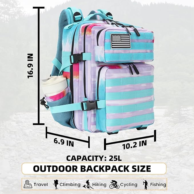 Lovelinks21 25L Tactical Military Backpack Small Travel Backpack for Men and Women Assault Pack Bug Out Bag Molle Daypack Gym Backpack with Bottle Holder (Rainbow Tie Dye)
