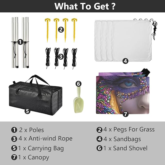 Irises Beads Mask Doughnut Hat Mardi Gras Foldable Beach Canopy UPF50+ Protection Waterproof Portable Sun Shelter with Sand Pockets for Family Trips Picnics &amp Camping