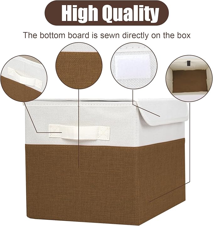 Bagnizer Large 22 Quart Linen Fabric Foldable Storage Bin Cube Organizer Basket with Flip-Top Lid &amp Handles Clothes Blanket Box for Home Office Closet Brown &amp White 4 Pack 14.6 x 9.5 x 9.