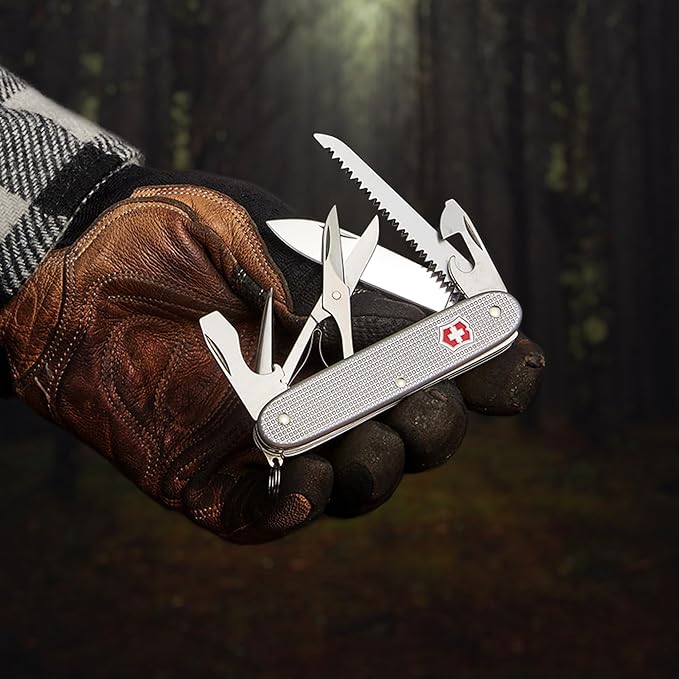 Victorinox Farmer X Alox Swiss Army Knife 10 Function Swiss Made Pocket Knife with Large Blade Wood Saw Bottle Opener and Reamer - Silver