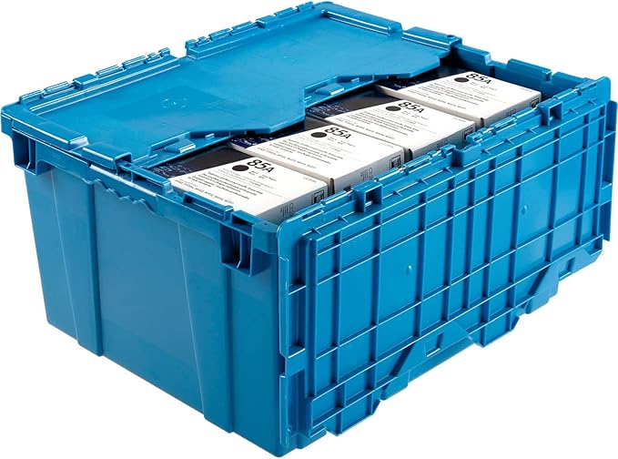 Global Industrial Plastic Distribution Container With Hinged Lid 2.4 Cu. Ft Capacity 50 Lbs. Capacity Nestable &amp Stackable 23-3/4x19-1/4x12-1/2 Blue