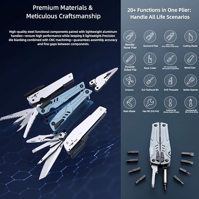 Multitools 20-in-1 Full-Size Lightweight EDC Multi-Purpose Pliers Folding Knife Nylon Bag Portable Tools Men Gift Ideas Equipment for Emergencies Hiking and Outdoor Camping (Blue)