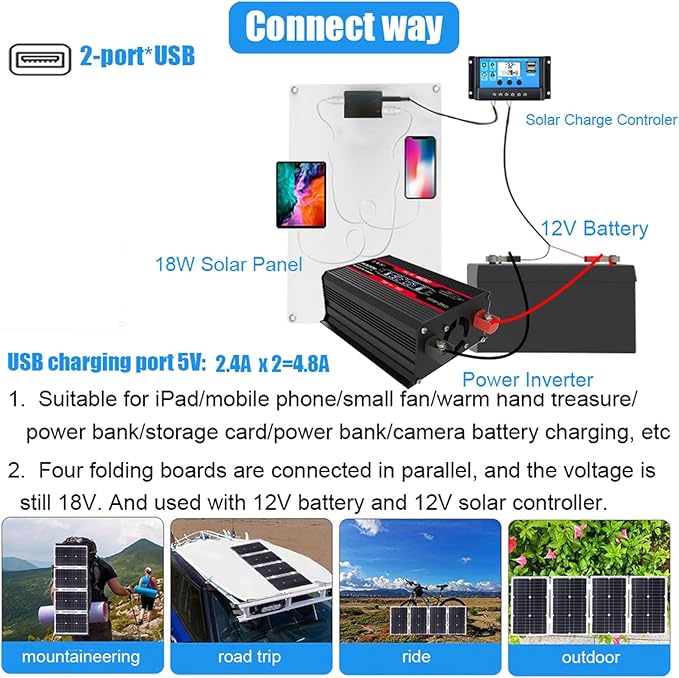 Complete Solar Power System 4000W 12V to 110V/220V Solar System Combination Inverter Solar Panel Kit Home Grid System 30A Controller + 18w12v Solar Panel(Red12V-110V)