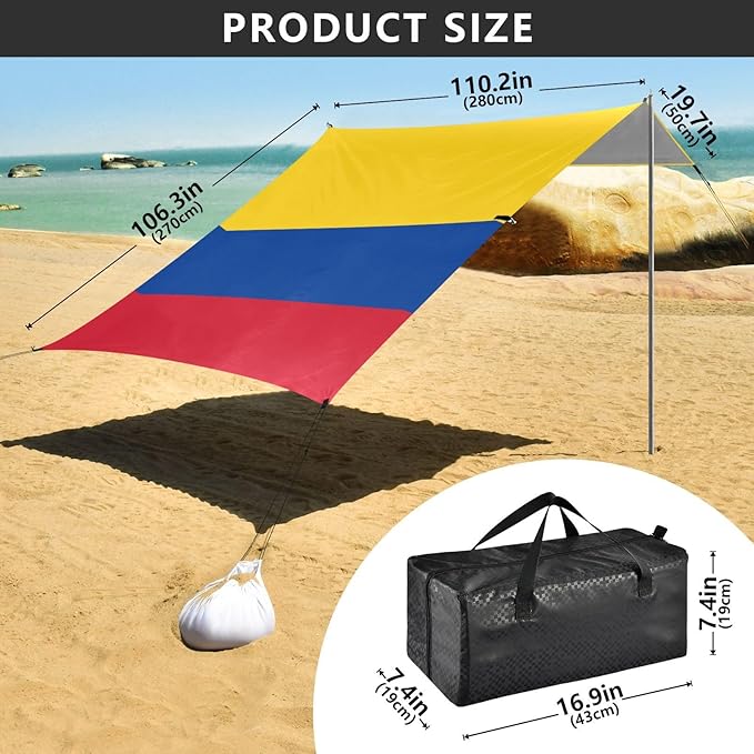 Colombia Colombian National Flags Blue Red Yellow Foldable Beach Cabana UPF50+ Protection Easy Setup Sun Shelter with Sandbags Sand Shovel Poles for Backyard and Camping