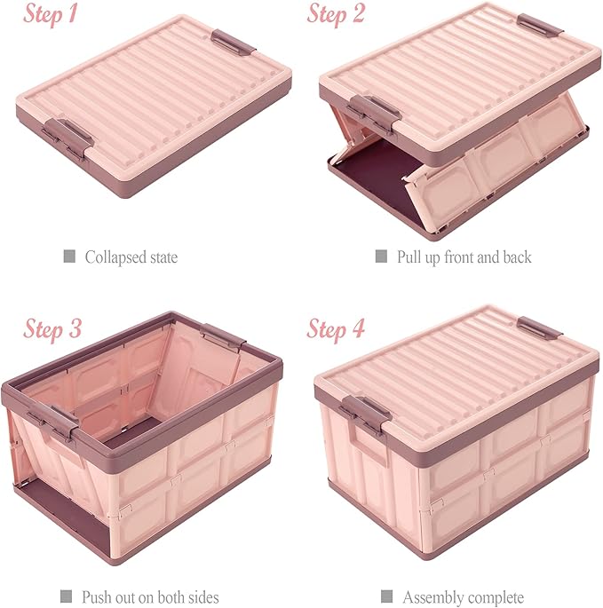 Pink Collapsible Storage Bins with Lids 2-Pack Folding Plastic Stackable Utility Crates 30L Durable Containers for Home &amp Garage Organization