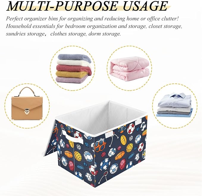 Sports Balls Lidded Storage Bins with Handles - 16.5x12.6x11.8 Foldable Organizing Box Oxford Fabric &amp Honeycomb Board Dust-Proof Flip Lid for Closet/Office