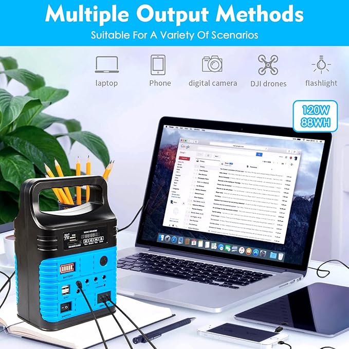 Portable Power StationSolar Generator with Panels includedLiFePO4 Battery Pack Small Solar Powered Generator with DC/USB OutletsLED Flashlight for Home UseOutdoor Camping Quiet(Blue)