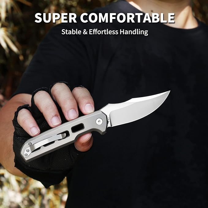Small EDC Pocket Knife for Men &amp Women - 3 Trailing Point D2 Blade Titanium Handle with Button Lock &amp Pocket Clip | Small Slim Cool Folding Knife for Daily Carry Camping Hiking &amp Outdoo