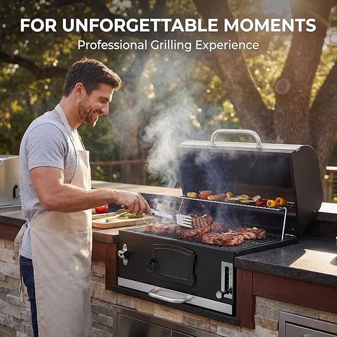 Large Built-in Barbecue Grills Charcoal BBQ Grills with Liftable Tray Insulated Hood &amp Temp Gauge Black Stainless Steel Charcoal BBQ Barrel Grill for Outdoor Kitchen Camping Park Style