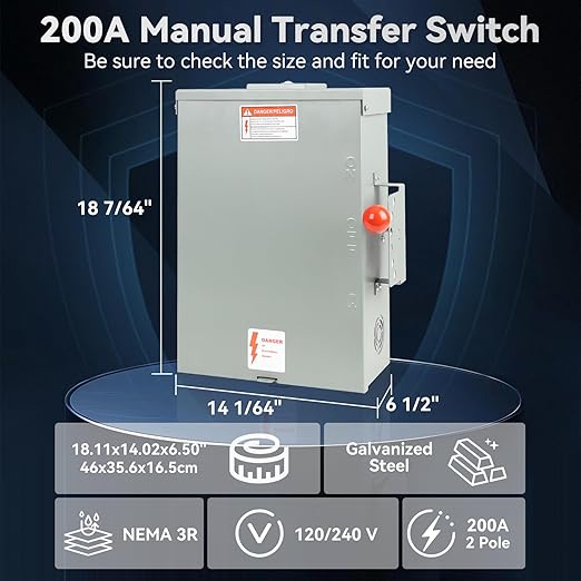 200 Amp Generator Transfer Switch Manual 48000W General Duty Double Throw Switch 120/240V Stronger&ampStability Meeting NEMA 3R Standards for Outdoor and Indoor Enlarged Enclosure for Easy Wirin