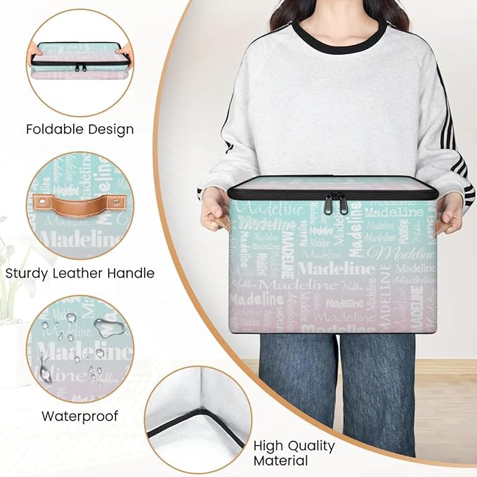 Custom Storage Basket with Name Personalized Keepsake Box with Zipper Lid Foldable Fabric Memory Bin Large capacity with Handle Green Pink