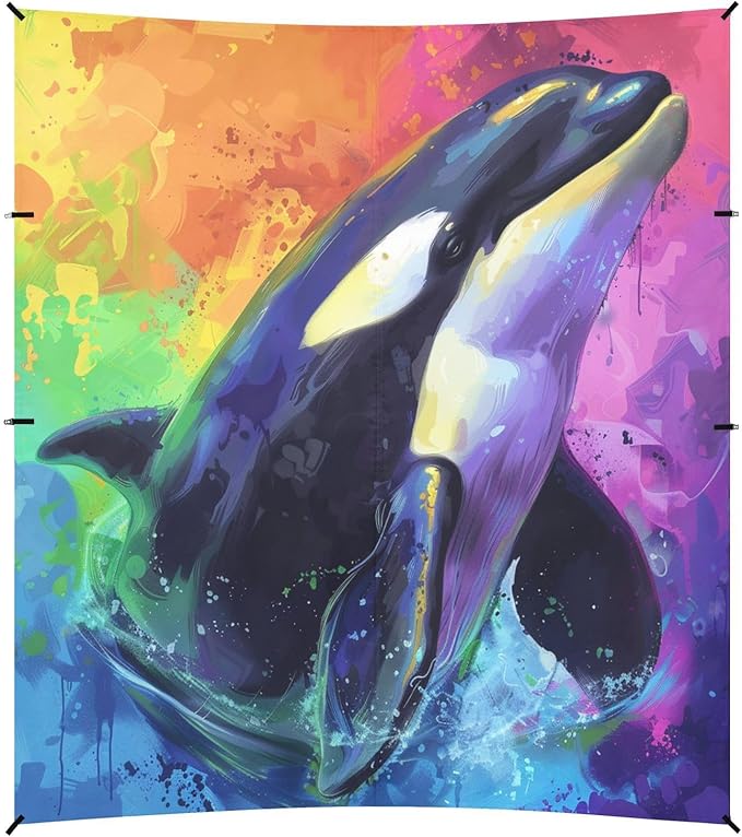 ALAZA Killer Whale Portrait Rainbow Beach Tent Sun Shelter UPF50+ Protection Beach Shade Canopy w/ 4 Sandbags for Outdoor Camping Fishing Backyard Fun Picnic 10x9 ft