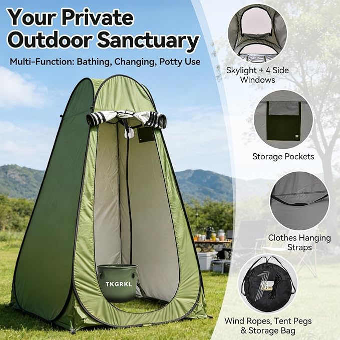 11PCS Portable Shower with Heater for Camping Shower Tent Set 1500W Immersion Heater with Auto Shut-Off 6000mAh Rechargeable Portable Shower with 5 Gallons Foldable Bucket USB Solar Charging Panel