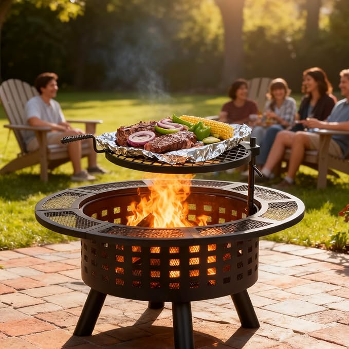 36 inch Outdoor Fire Pit with GrillWood Burning Fire Pits for Outside with Lid &amp Fire PokerMetal 3-in-1 Firepit Table with Cooking GrateOutdoor Firepit for YardBonfirePatio(Charcoal)