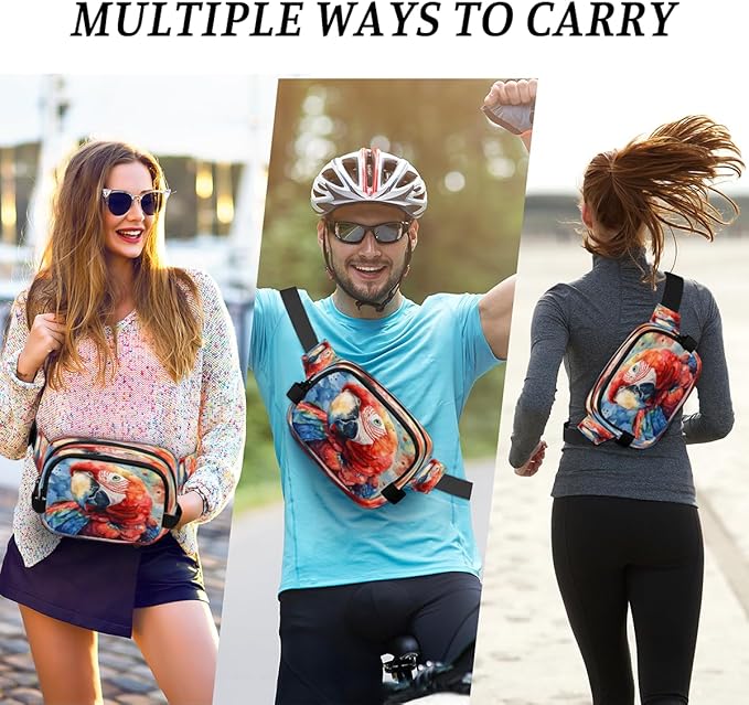 Watercolour Parrot Waterproof Fanny Pack for Women Men Adjustable Waist Bag with Double Zipper Pockets Lightweight Square Hip Pack for Running Travel Hiking Workout Cycling