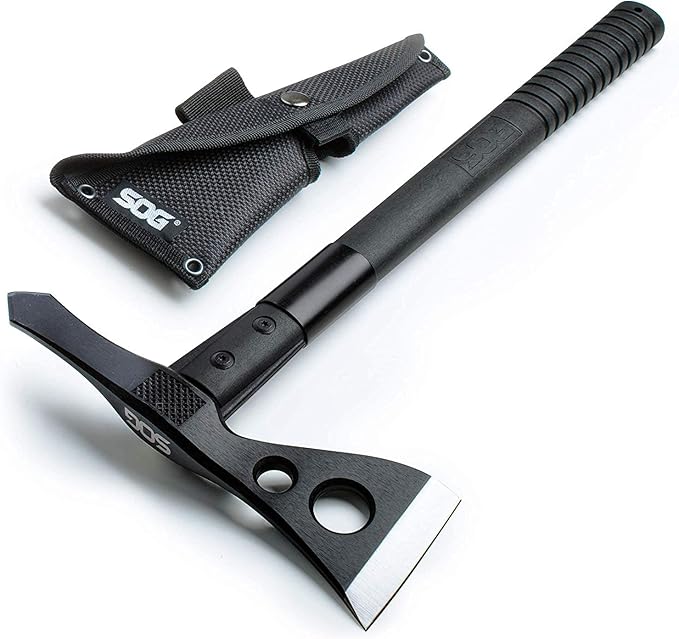 SOG Tactical Tomahawk- Throwing Hatchet Versatile Survival Tactical Axe and Emergency Breaching Tool &amp Entrenching Tool- 18.25 Inch Folding Survival Shovel with Wood Saw Edge - Black (F08-N)