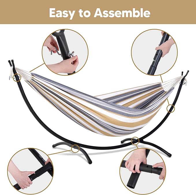SUNCREAT 2 Person Hammock with Stand Heavy Duty Free Standing Hammock with Stand Included Coffee Stripes