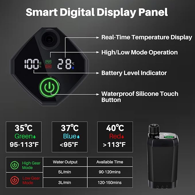 Portable Camping Shower with Heater 6000mAh Rechargeable Portable Shower with 2000W Immersion Heater LED Display Heated Camping Shower for Travel Hiking Car Pet
