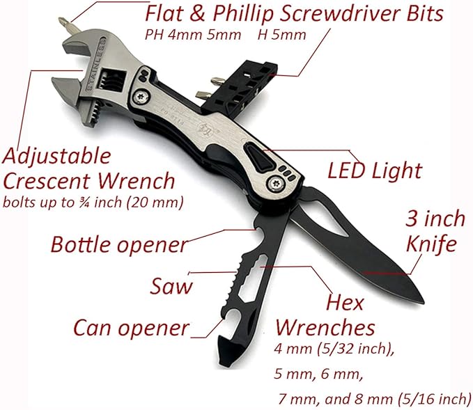 15-in-1 Adjustable Crescent Wrench MultiTool includes Saw Flat &amp Phillip Screwdriver Bits Hex Wrenches LED Light in the handle and Bonus High Density Nylon Pouch