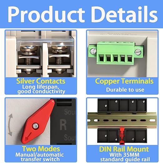 Mini ATS Automatic Transfer Switch Dual Power Changeover Switch 100A 110V Generator Electrical Selector Switches DIN Rail Mount 2P/3P