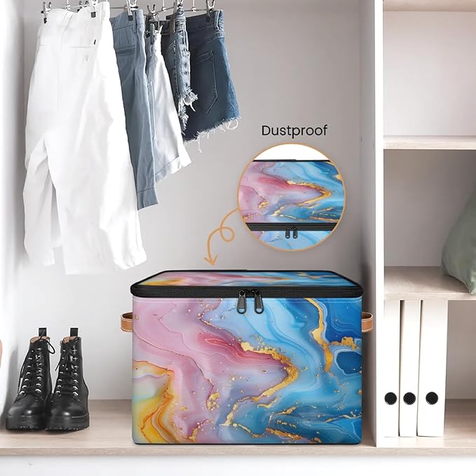 Storage Bins with Lids Attractive Marble Pattern Storage Basket Clothes Organizer with Handles Closet Storage Containers for Clothing Bedding Blanket