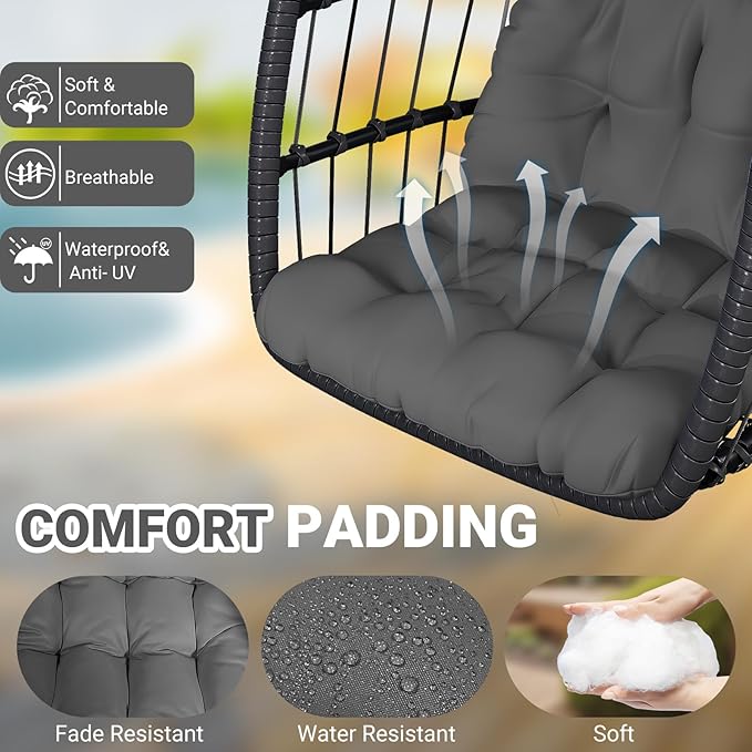 CHABATREE Egg Chair with StandPatio Rattan Wicker Hanging Swing Egg Chair Hammock Chair for Bedroom Porch GardenThickened Aluminum Alloy Steel Frame and UV Resistant Cushion350LBS Capacity