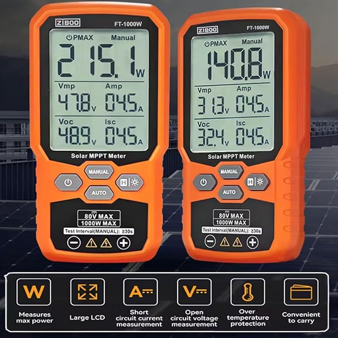 ZIBOO FT-1000W Solar Panel Tester MPPT Meter - 1000W Max Power 80V/35A PV Module Tester for Voc/Isc Open Circuit Voltage &amp Short Circuit Current with Backlight &amp Data Hold