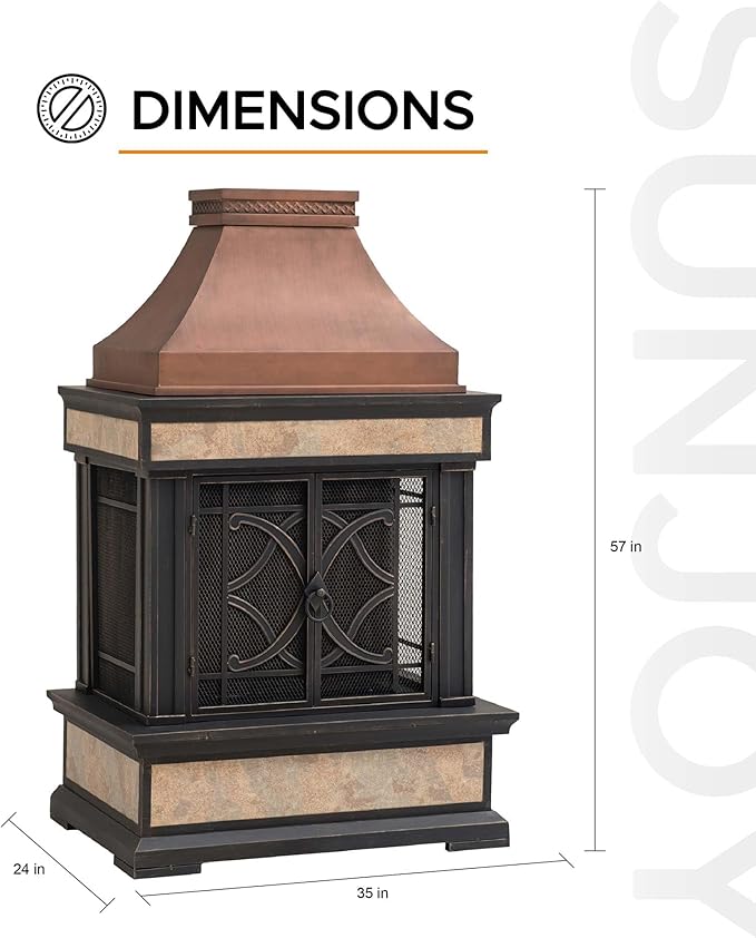 Sunjoy Outdoor Fireplace Smith Collection Patio Wood Burning Steel Fireplace with Chimney Spark Screen Fire Poker and Removable Grate Copper with Yellow Tile