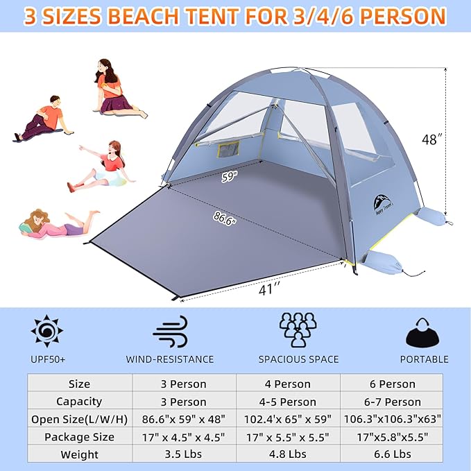 Happy Travel Beach Tent Sun Shelter for 3/4/5/6/7/8 Person Portable UPF 50+ UV Protection Beach Shade Canopy for Family &amp Baby Lightweight &amp Easy Setup Beach Cabana with 3 Ventilation Mesh W