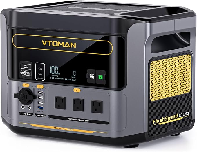 VTOMAN FlashSpeed 1500 Portable Power Station 1548Wh - Recharge 0-100% within 1H LiFePO4 Battery Powered Solar Generator with 110V/1500W AC Output/Input 100W USB Port for Camping Home Backup