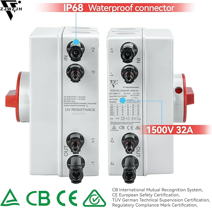 Solar Disconnect Switch 4-Pole DC1500 32A Isolator Solar Switch with Enclosure for Rooftop Solar Systems RVs and Boat Waterproof IP66 Red