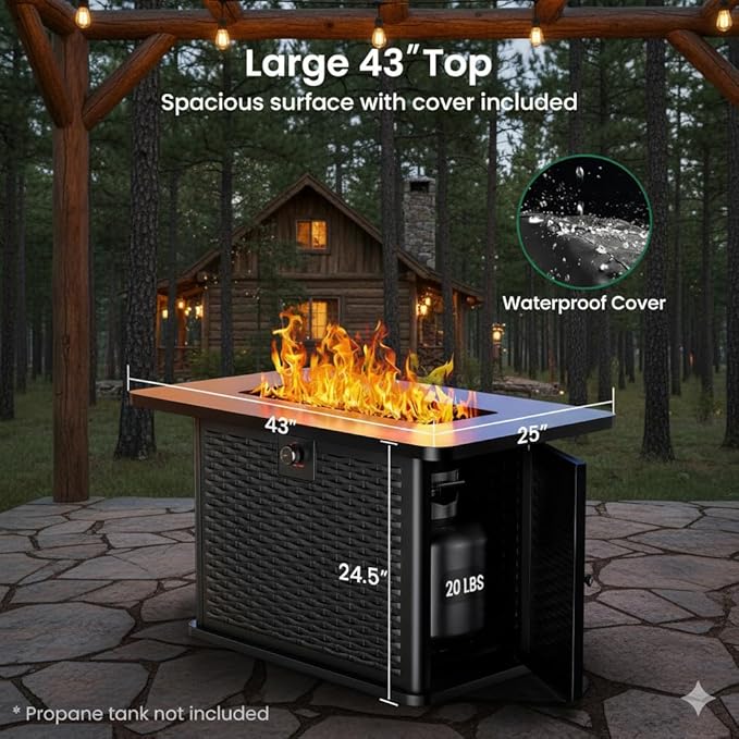 Ciays 43-Inch Rectangular Propane Fire Pit Table - 60000 BTU CSA-Certified 2-in-1 Design 304 Stainless Steel H-Burner Included Cover &amp Lava Rocks - Ideal for Gatherings &amp Parties