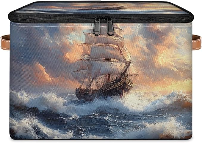 Storage Bins with Lids Ship Ocean Storage Basket Clothes Organizer with Handles Closet Storage Containers for Clothing Bedding Blanket