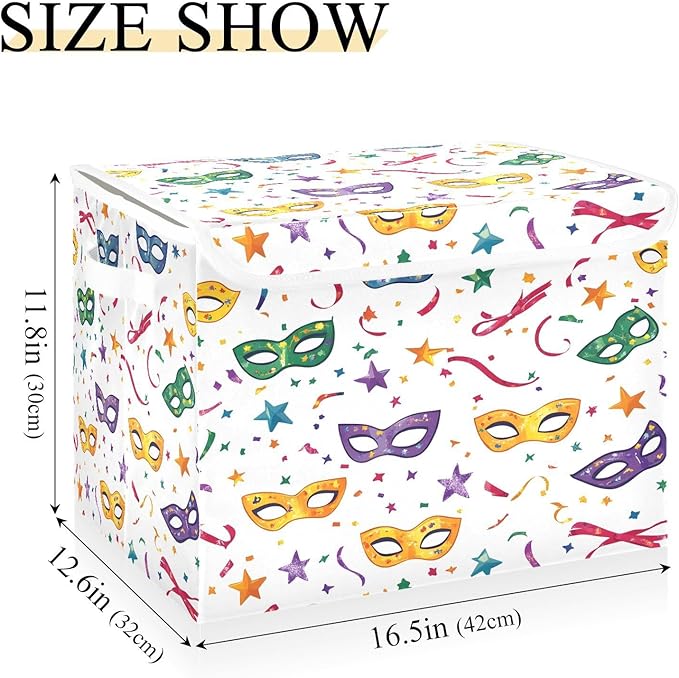 Christmas Storage Baskets with Lids Mardi Gras Colorful Mask Collapsible Bins Stackable Fabric Linen Baskets Closet Organizer Container 16.5x12.6x11.8