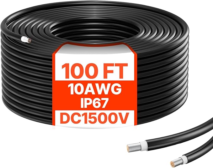 VEVOR 100FT Solar Panel Wire 10AWG Tinned Copper PV Cable 6mm² IP67 Waterproof XLPE Insulation Outdoor Extension Cord for RV Boat Home Solar Black