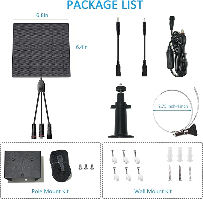 Zivif 5W Trail Camera Solar Panel 10400mAh Built-in Battery Adjustable 6V/9V/12V Output DC Plugs 5.5x2.1mm 4.0x1.7mm 3.5x1.35mm IP66 Waterproof 360° Mount 9.8ft Cable