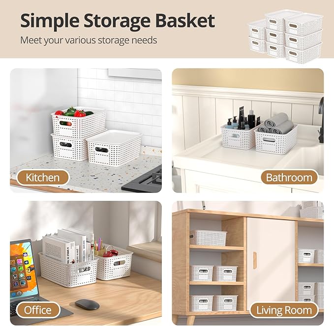Plastic Storage Basket with Lid Stackable Small Box Bins for Organizing and Containers for Shelves Drawers Desktop Closet Playroom Pantry Classroom Office Home 8 Pack 10.2x7.2x4.1 Inch White
