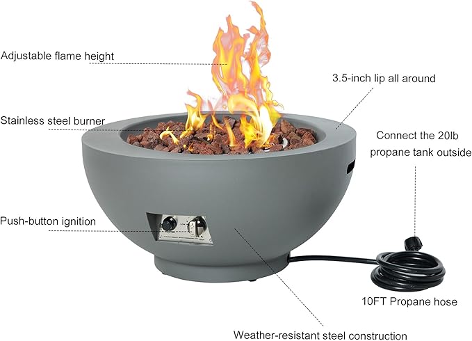 28-Inch Fire Table 58000 BTU Outdoor Propane Fire Pit Patio Round Fire Bowl Gas Firepit with Lid Lava Rocks Cover Pre-Attached 10 ft Propane Hose Gray