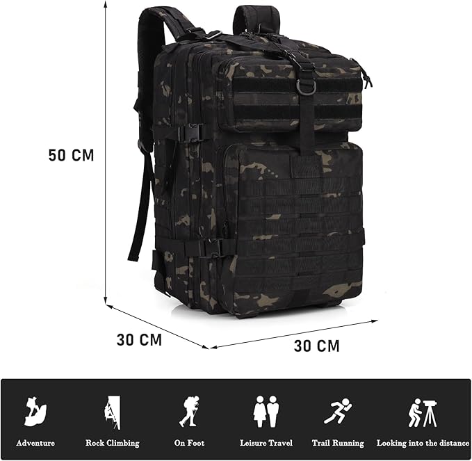 ShowyLive 3P Tactical Backpack Military Rucksack - 45L Large Hiking Backpack Waterproof Durable Camping Backpack for Men Women Travel Outdoor Sports Bug Out Bag (Black CP)