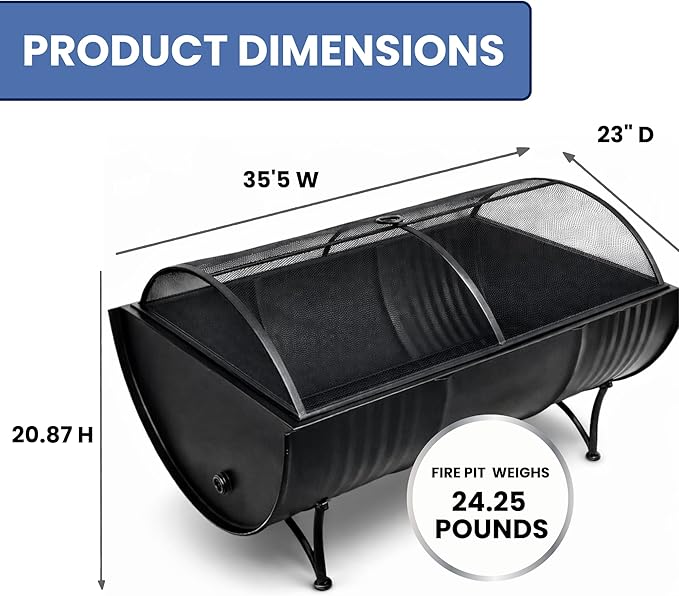 35-Inch Oval Barrel Wood Fire Pit – Steel Patio Backyard Heater with Safety Spark Screen Easy to Clean Elevated Log Grate and PVC Cover Black