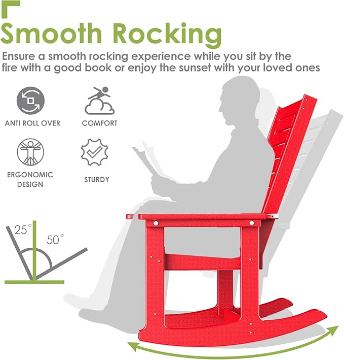 GREENVINES Outdoor Rocking Chair Set | 3-Piece | 2 Rocking Chairs with 1 Side Table | Porch Rocker | HDPE Plastic | Red | Patio Furniture Sets | High Back | Big &amp Tall | Ladder Back