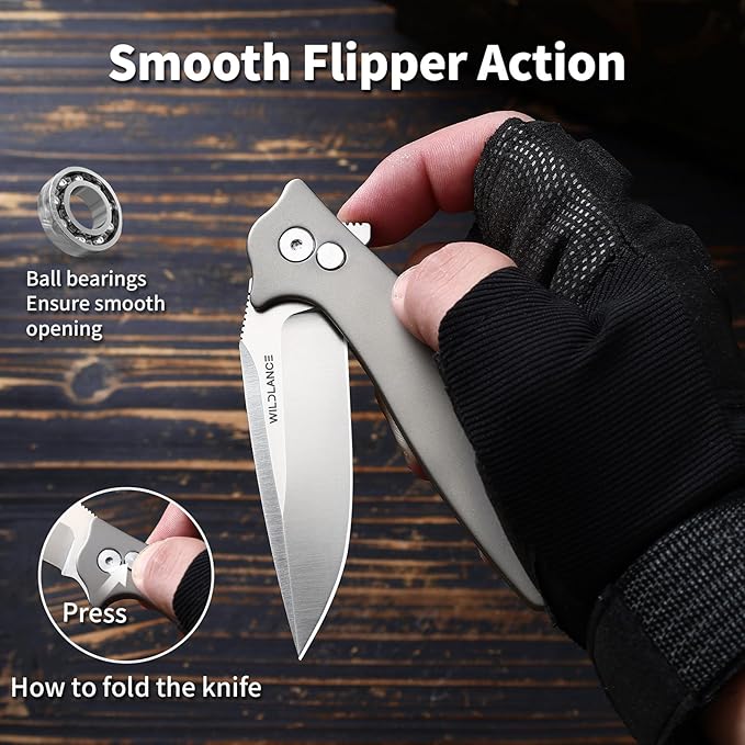 3.34 D2 Steel Folding Knife with Titanium Handle - EDC Pocket Knife with Clip for Men &amp Women Compact Daily Carry Utility Tool PK-T001