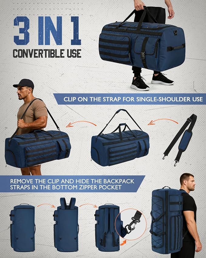 Gonex 90L Extra Large Duffel Bag for Men Heavy Duty 3 in 1 Convertible Carry Travel Duffle with Shoe Compartment Tactical Loops Sports Gear Bag for Family Trips (Dark Blue)