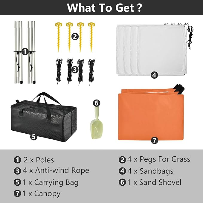 xigua Orange Beach Tent Sun Shelter with Carrying Bag - Silver Coated Oxford Fabric Beach Canopy for Beach Camping Fishing - Includes Windproof Ropes Sandbags &amp Stakes