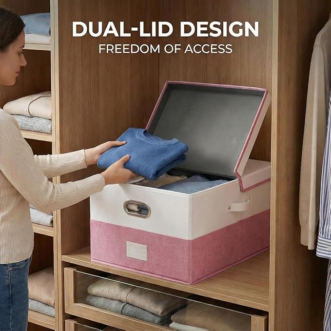 PRANDOM Storage Bins with Lids [3-Pack] Linen Fabric Foldable Storage Boxes Organizer Containers Baskets Cube with Cover for Bedroom Closet Office White&ampPink (23.4X15.9X11.4)
