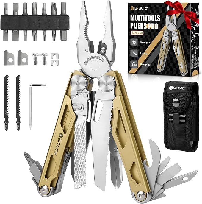 BIBURY Multitool Pliers Pro BI2045 Foldable Multitools with Replaceable Wire Cutters and Saw Stainless Steel Multi Tool w/Upgraded Scissors and Screwdriver Set Ideal for Camping Hiking Survival