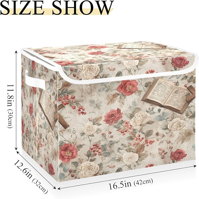 Storage Bins With Lid Stackable Fabric Closet Organizer Clothing Storage Large Boxes For Closet Shelves Bedroom Beige Jesus Crosses Bibles Roses